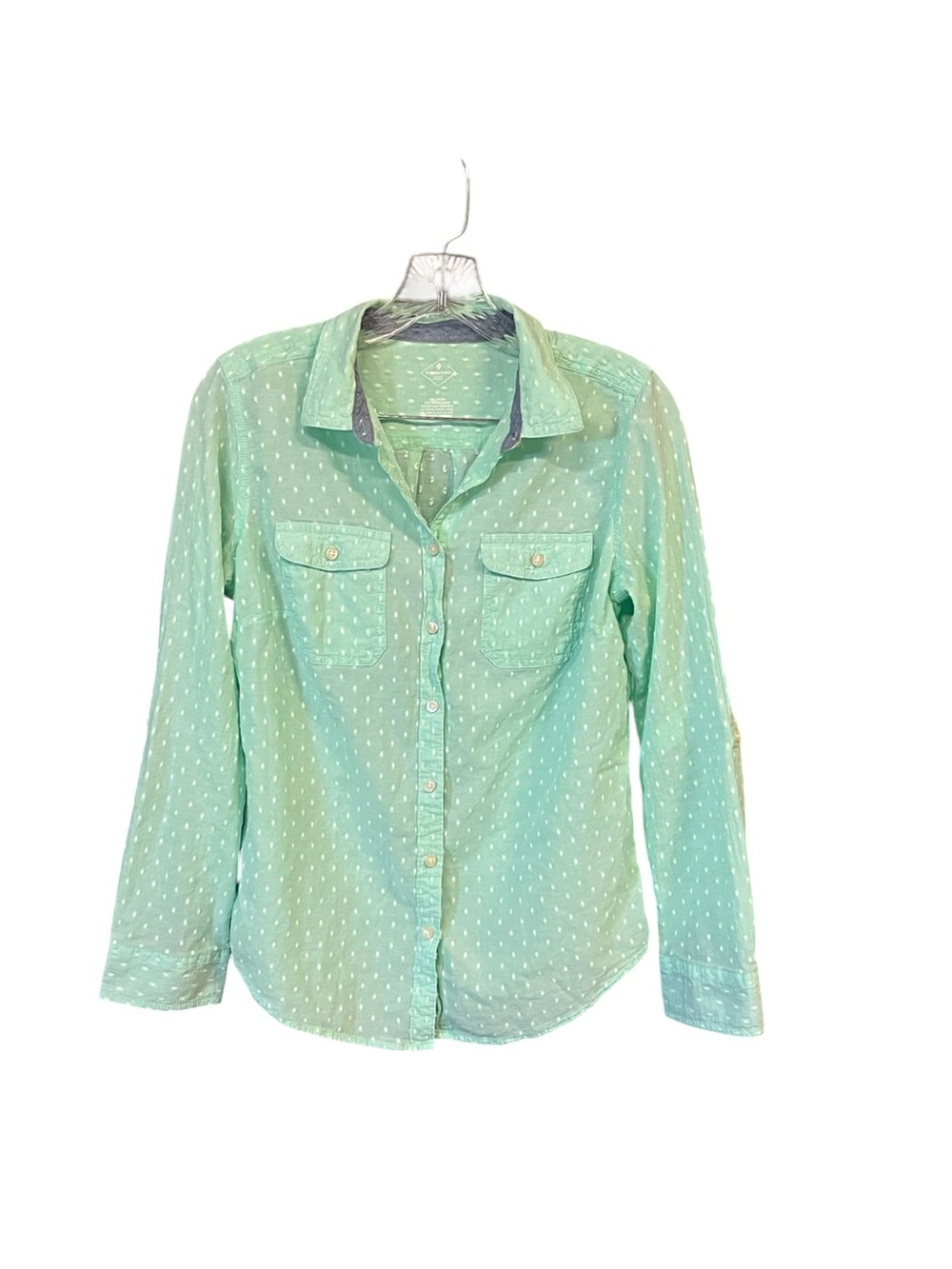 St. John’s Bay Shirt Women M Mint Green White Roll Tab Button Down Cotton